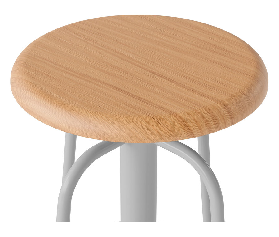 Detail dřevěné stoličky s bílou kovovou konstrukcí.