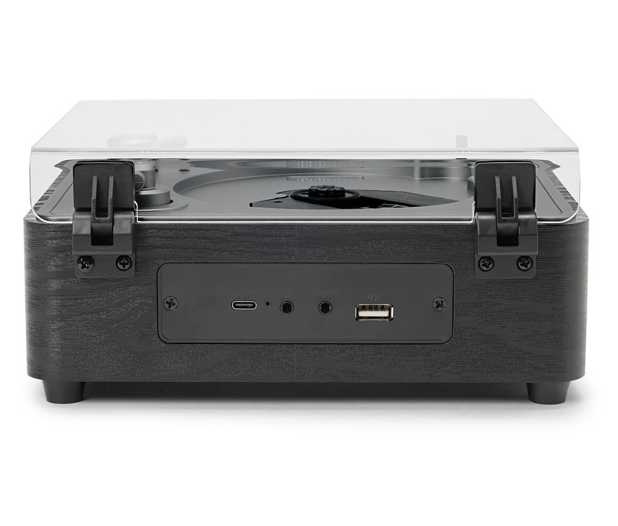 Přední pohled na reproduktor CD/Bluetooth s mírně otevřeným, průhledným krytem.