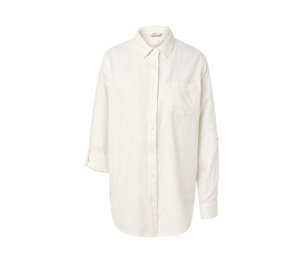 Bílá dlouhá lněná halenka s knoflíky a kapsou na prsou.