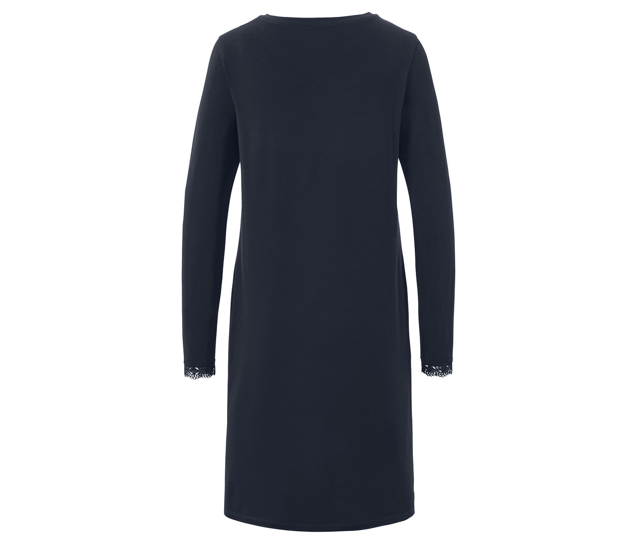 Tmavě modré šaty s dlouhým rukávem a krajkovými manžetami.