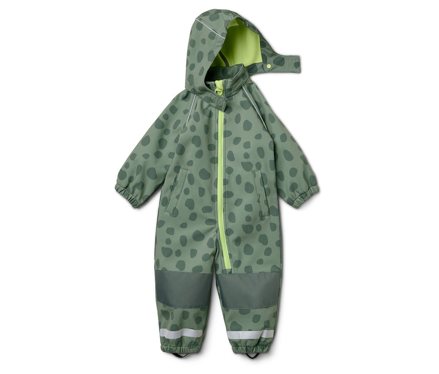 Zelená kombinéza s kapucí a tmavě zelenými skvrnami a neonově zeleným zipem na bílém pozadí.