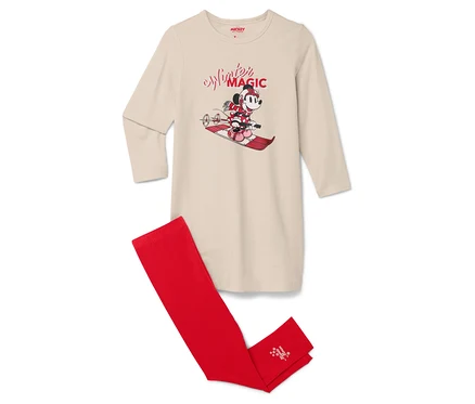 Béžové noční tričko s dlouhým rukávem a červené legíny s potiskem Minnie Mouse.