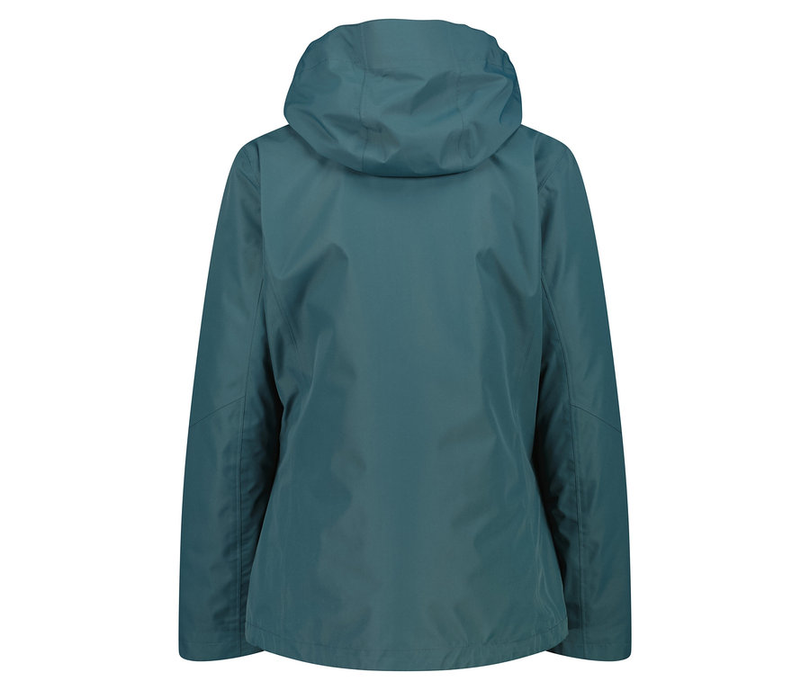 Zadní pohled na bundu s kapucí v petrolejové barvě.