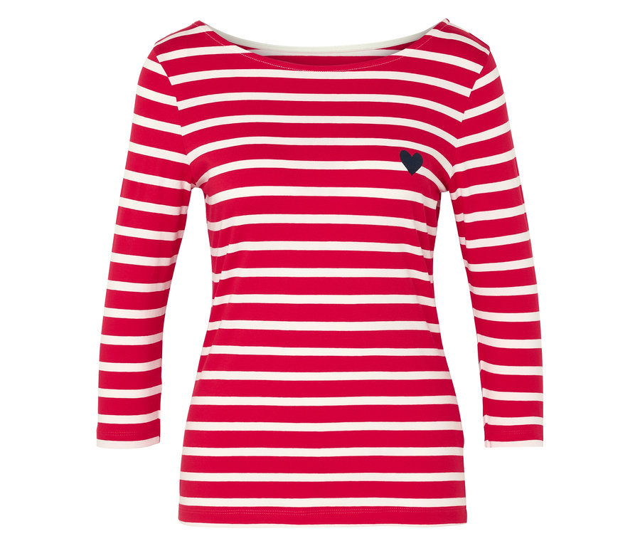 Červeno-bílý pruhovaný top s dlouhými rukávy a malým černým srdíčkem.
