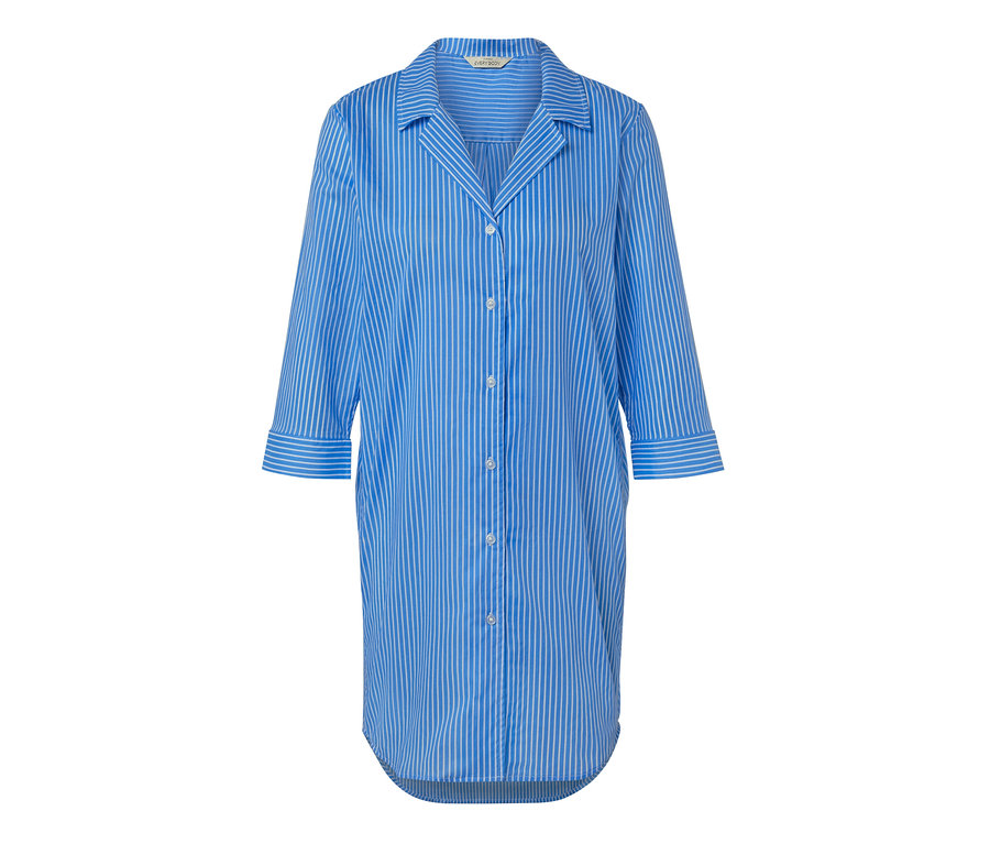 Modrá a bílá pruhovaná tkaná noční košile s knoflíky.
