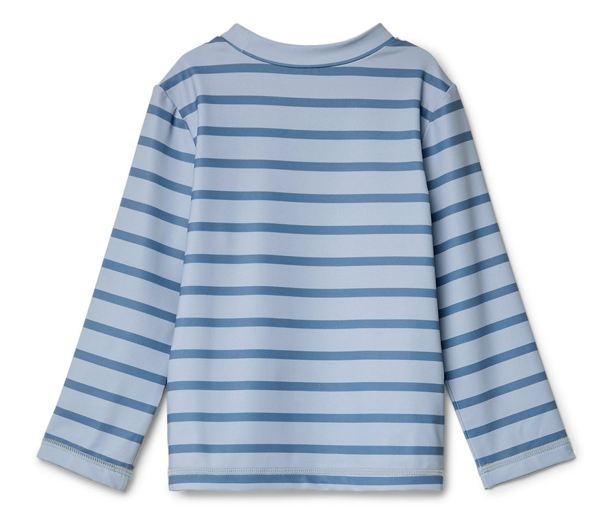 Modře pruhované tričko s dlouhým rukávem, foceno zezadu.