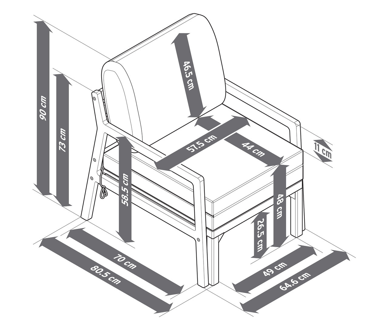 Detailní schematický nákres rozkládacího zahradního křesla s rozměry.