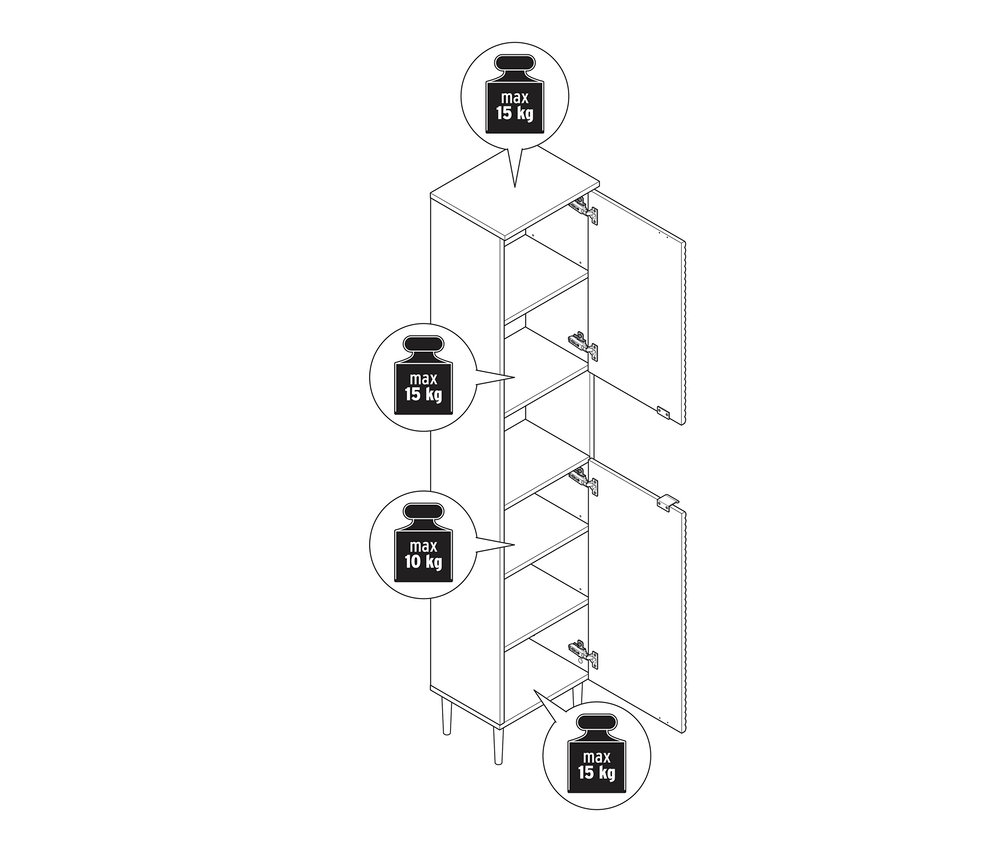 Náčrt vysoké koupelnové skříňky »SONARI« s otevřenými dvířky, zobrazující maximální hmotnostní údaje.