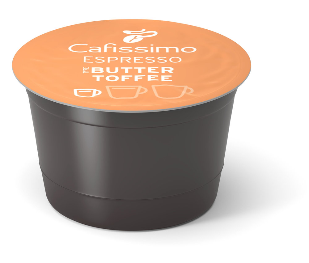Jedna kapsle Cafissimo Flavoured Espresso - Buttertoffee na bílém pozadí.