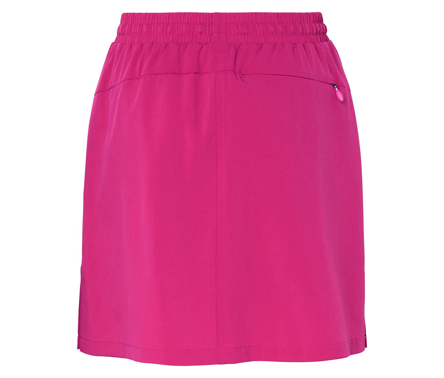 Detailní záběr na růžovou sukni s elastickým pasem a kapsou na zip.