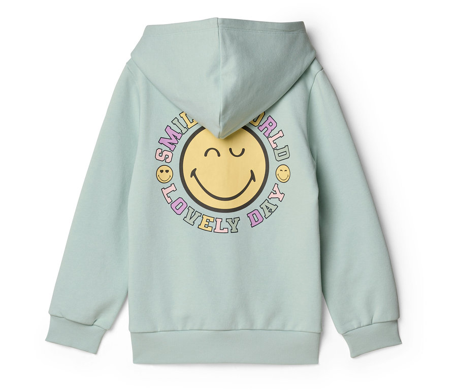 Světle zelená dětská mikina s kapucí SMILEYWORLD® s velkým žlutým smajlíkem a nápisem "SMILE WORLD LOVELY DAY" na zádech.