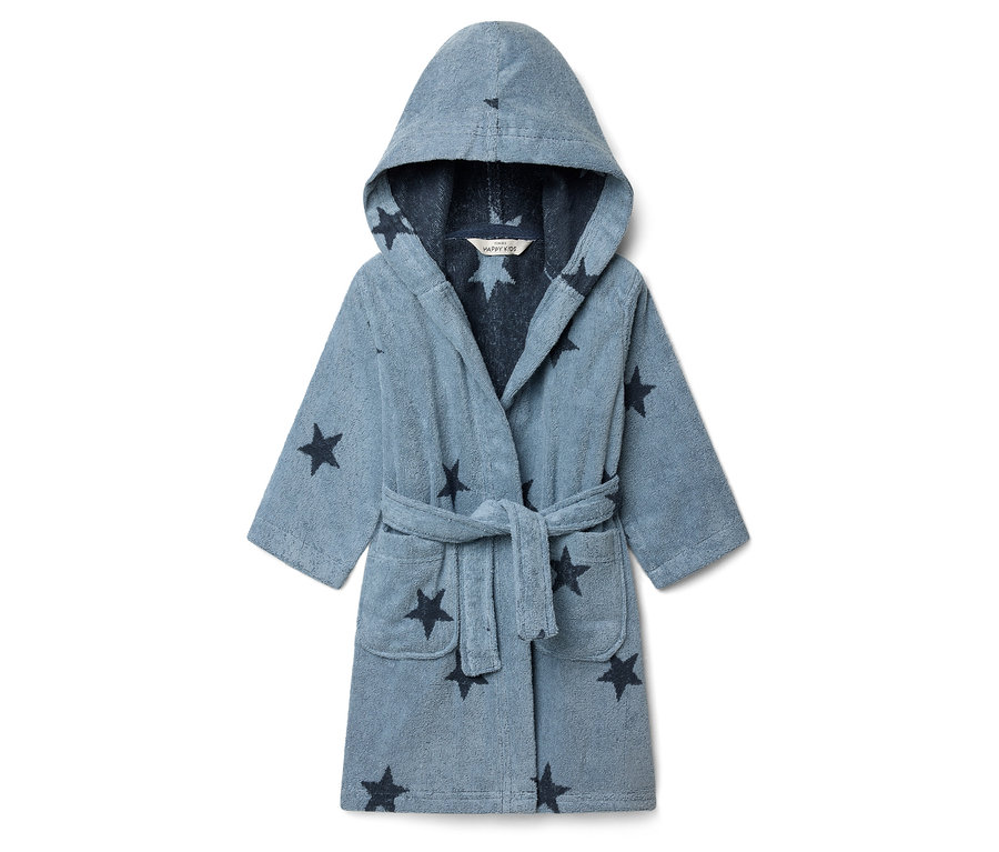 Modrý župan se vzorem hvězd a kapucí leží na bílém pozadí.
