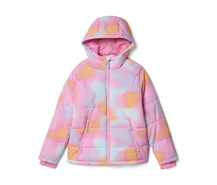 Dětská prošívaná bunda s kapucí, s barevným tie-dye vzorem v odstínech růžové, světle modré, oranžové a fialové, s růžovým zipem.