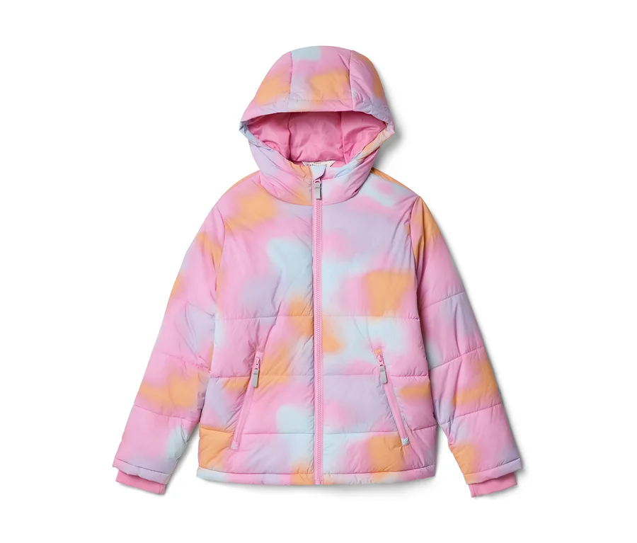 Dětská prošívaná bunda s kapucí, s barevným tie-dye vzorem v odstínech růžové, světle modré, oranžové a fialové, s růžovým zipem.