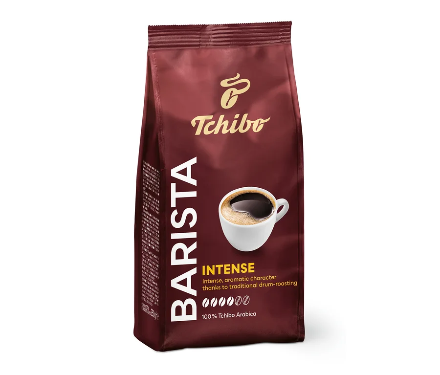 Balení mleté kávy Tchibo Barista Intense 250 g. Na obalu je šálek kávy.