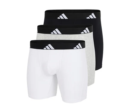 Tři boxerky adidas Active Flex Cotton v bílé, šedé a černé barvě, s černým pasem a bílým logem adidas.