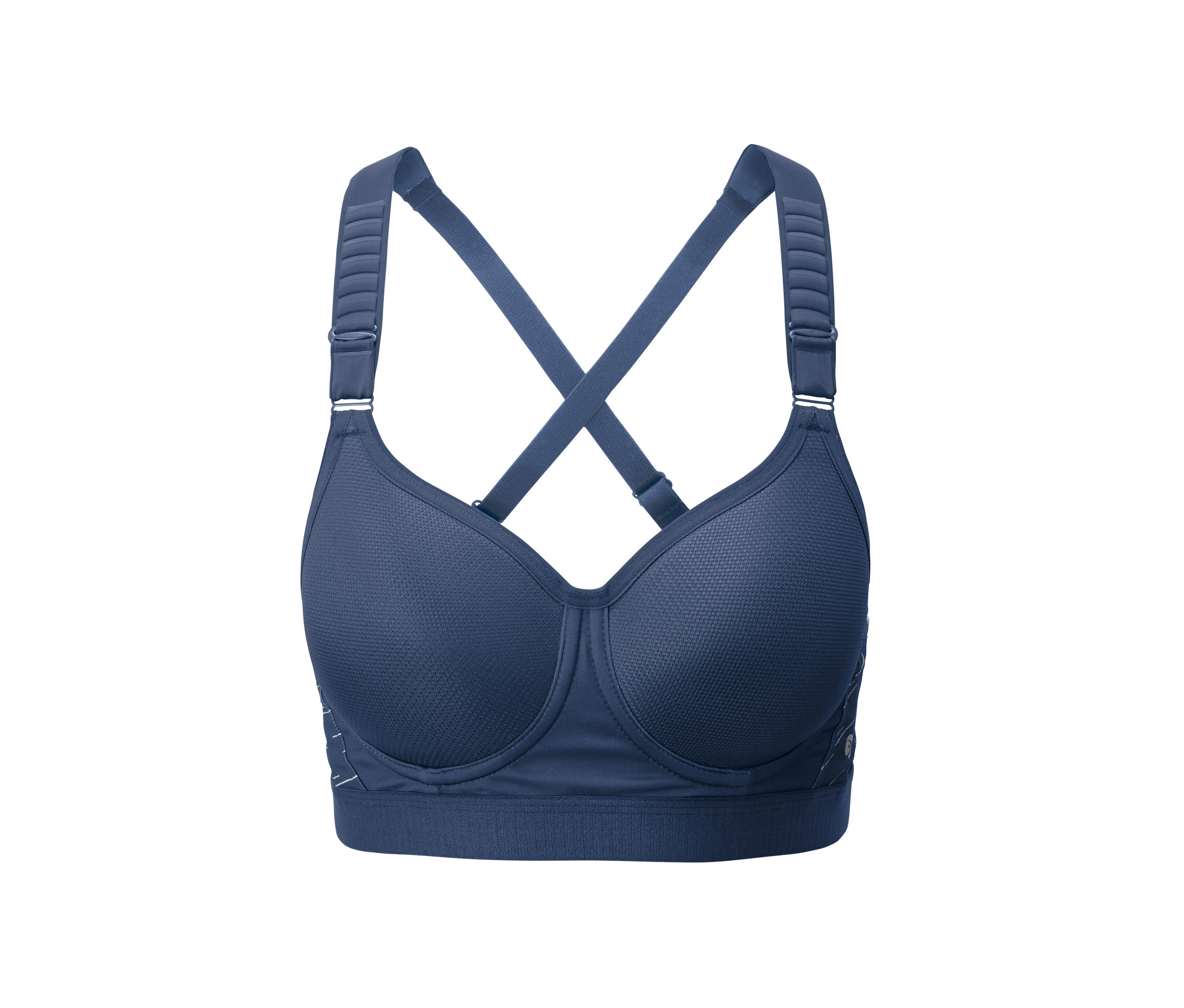 Detail modré sportovní podprsenky.