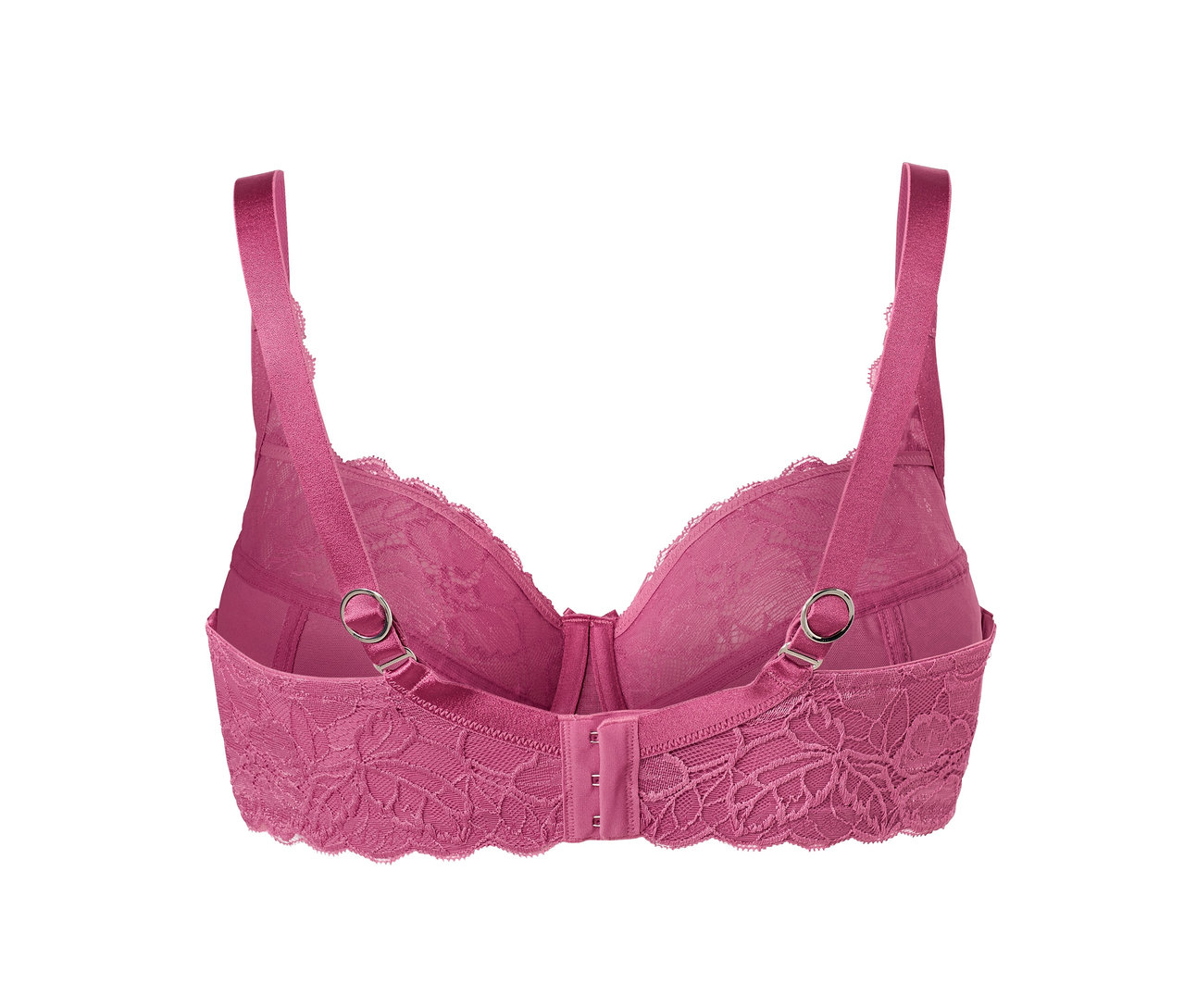 Detail růžové krajkové podprsenky s kosticemi, pohled zezadu.