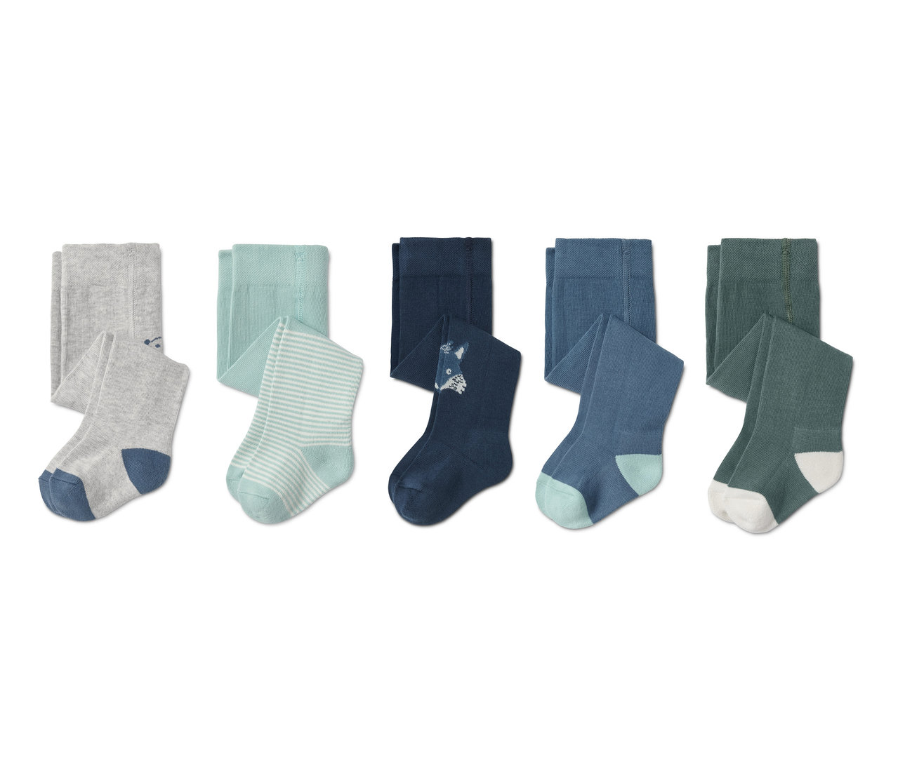 Pětice bavlněných modrých punčocháčů.