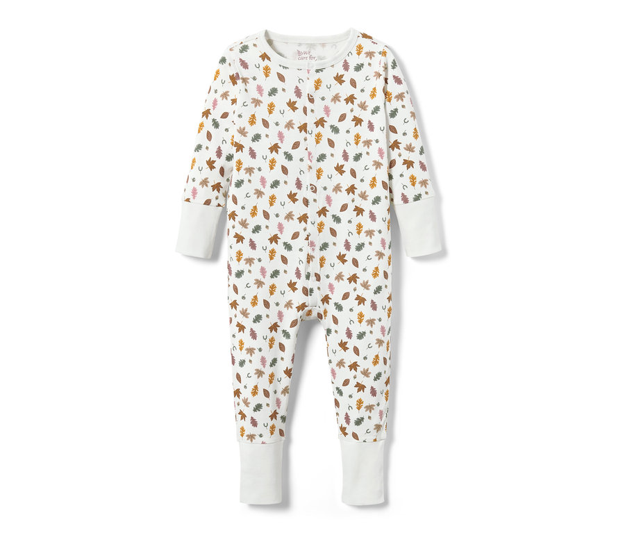 Celotělové pyžamo Pyžamka, 3 ks, s potiskem listů a podkov na bílém pozadí.