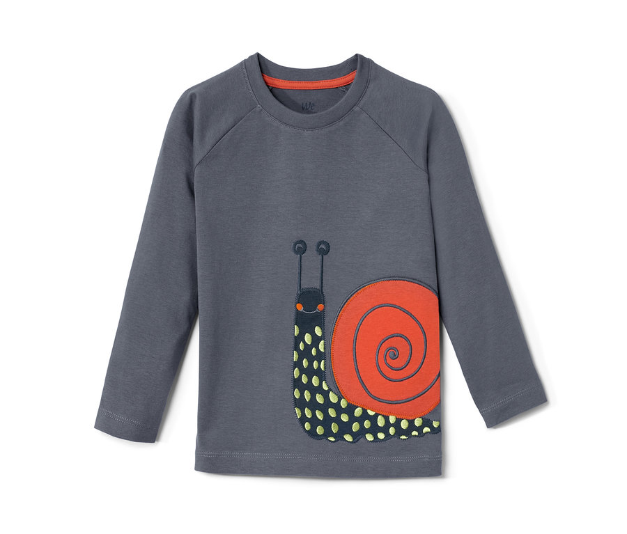Šedé tričko s dlouhým rukávem a aplikací šneka pro batolata.