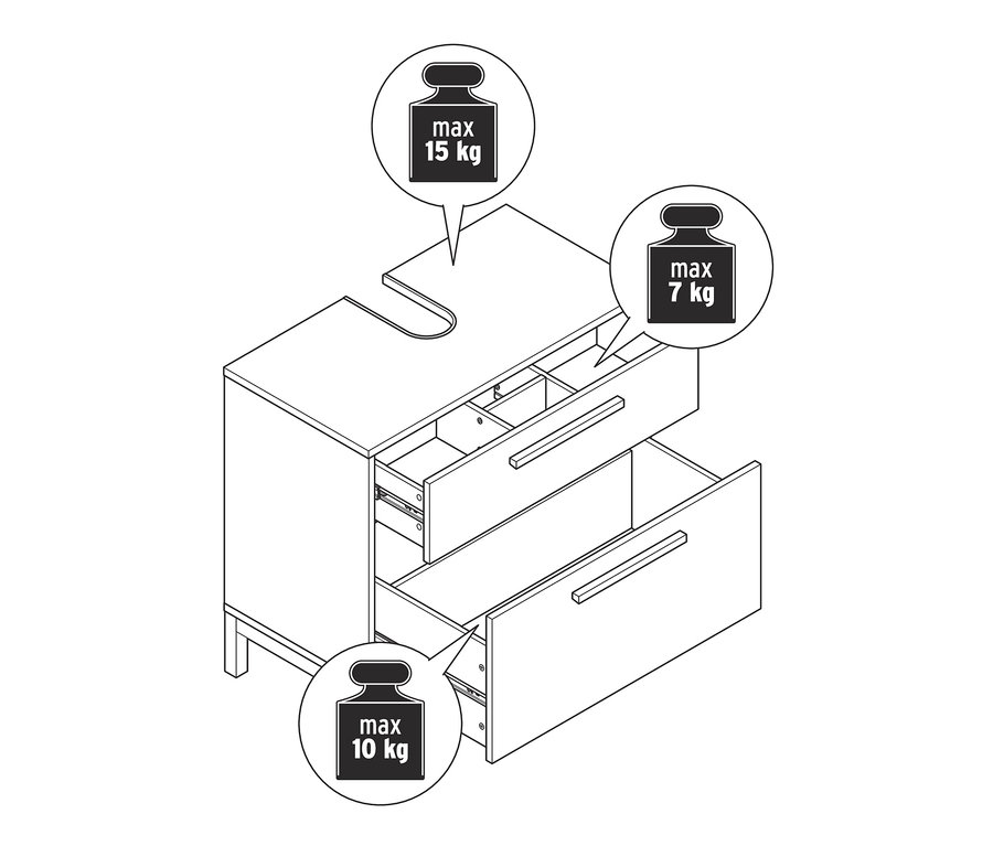 Nákres světle šedé koupelnové skříňky pod umyvadlo »Eklund« se 2 zásuvkami, z nichž jedna je otevřená.