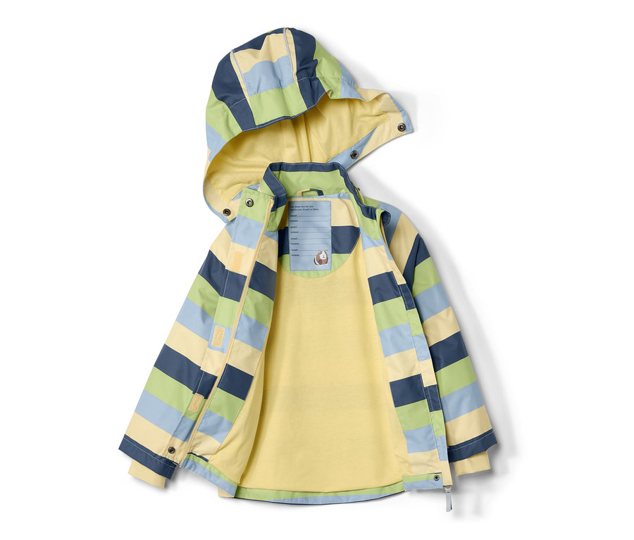 Otevřená dětská bunda do deště s proužky modré, zelené a žluté barvy.