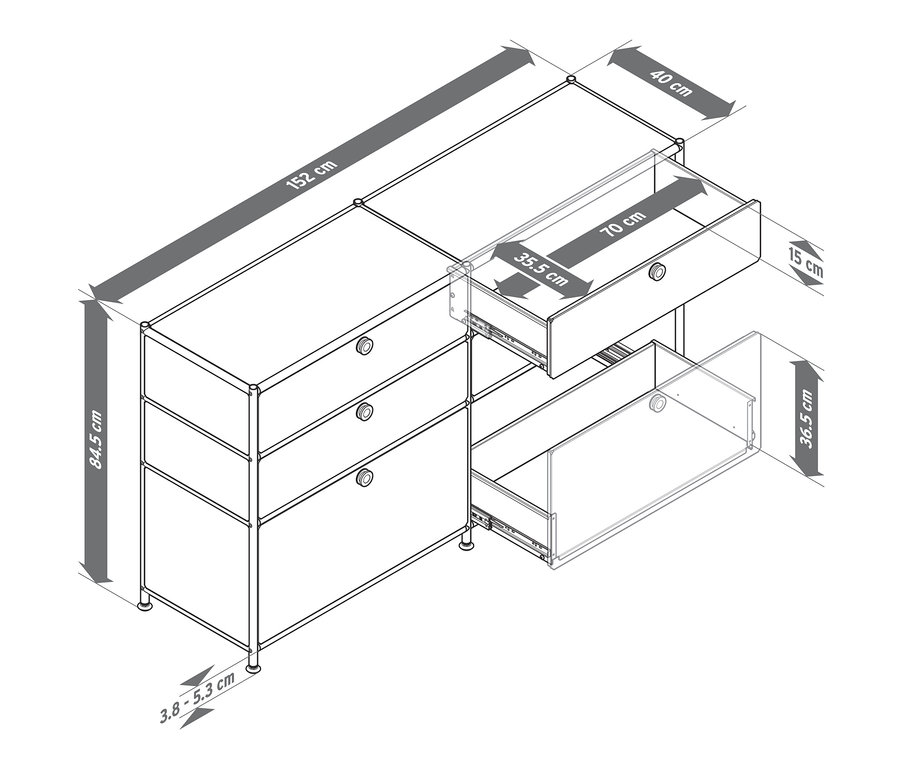 Nákres kovové komody »CN3« se 6 zásuvkami s vytaženými dvěma zásuvkami.