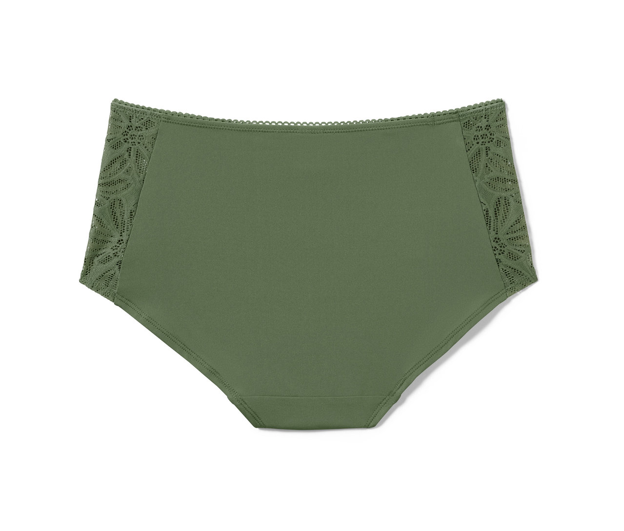 Olivové kalhotky se středně vysokým pasem.