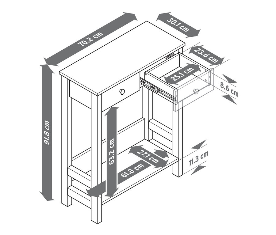 Schéma konzolové skříňky se 2 zásuvkami a vyznačenými rozměry.