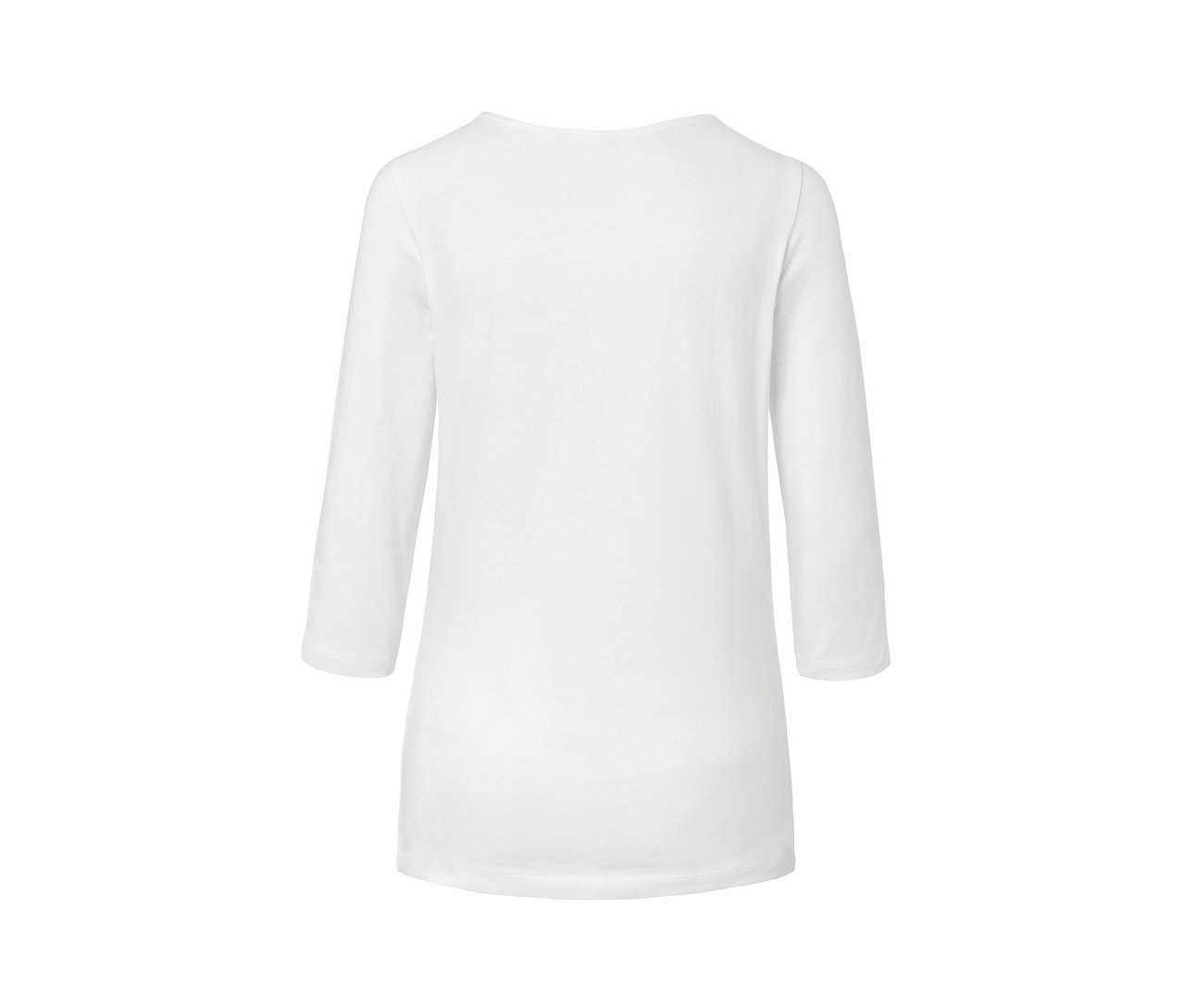 Zadní pohled na bílé triko s tříčtvrtečními rukávy.