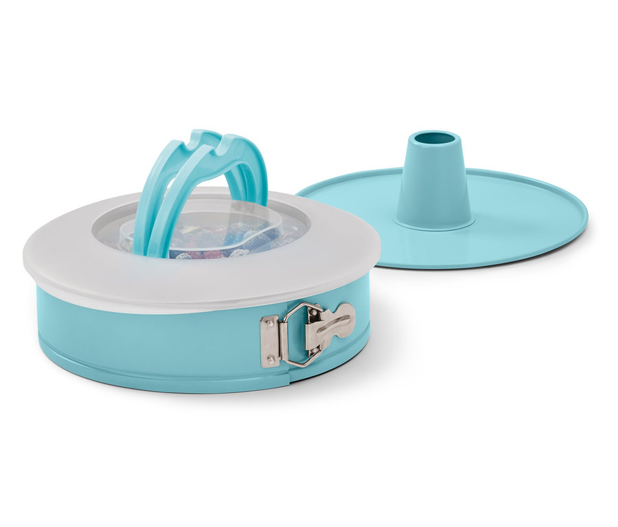 Forma na dort s přepravním víkem světle modré barvy s bílým okrajem a průhledným víkem.