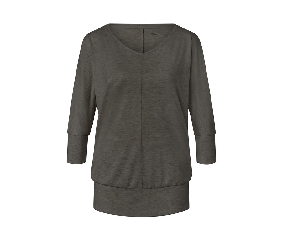 Olivové triko na jógu s tříčtvrtečními rukávy.