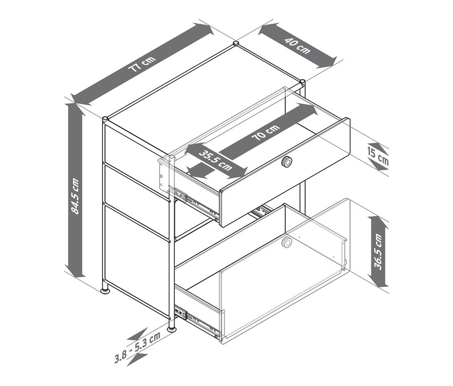 Nákres kovové komody »CN3« se 3 zásuvkami s rozměry.