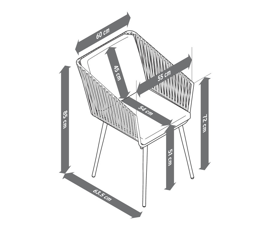 Nákres jídelního křesla s textilním výpletem a vyznačenými rozměry.