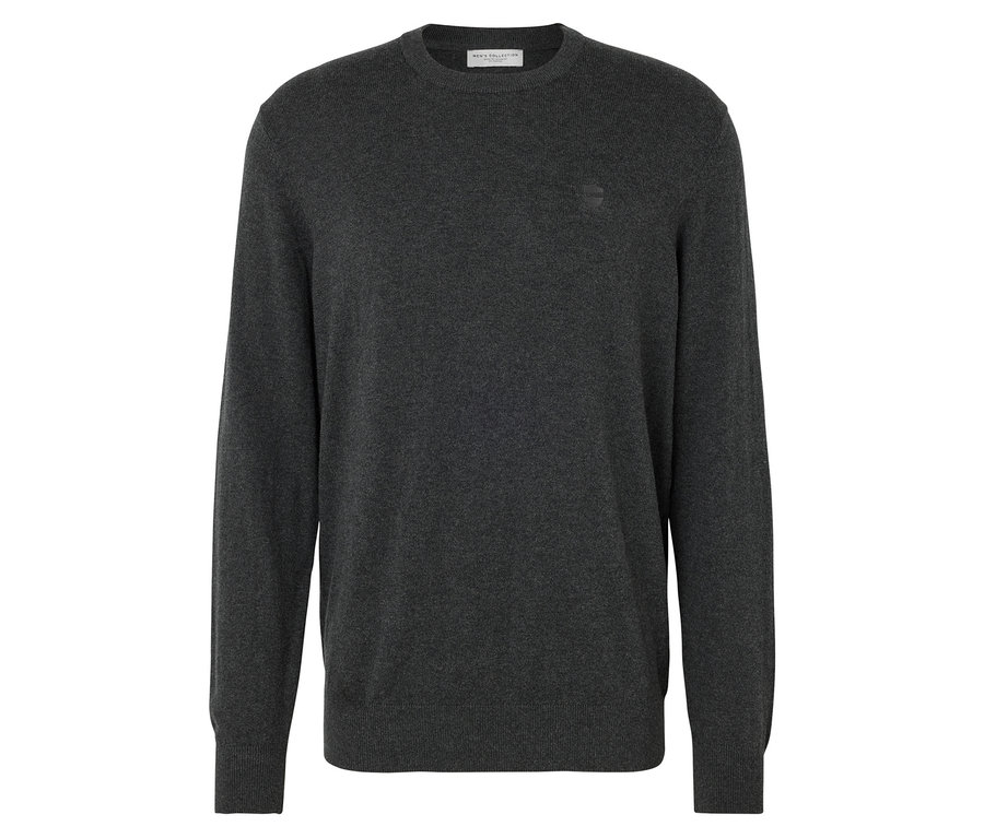 Tmavě šedý pletený svetr s dlouhými rukávy a kulatým výstřihem.