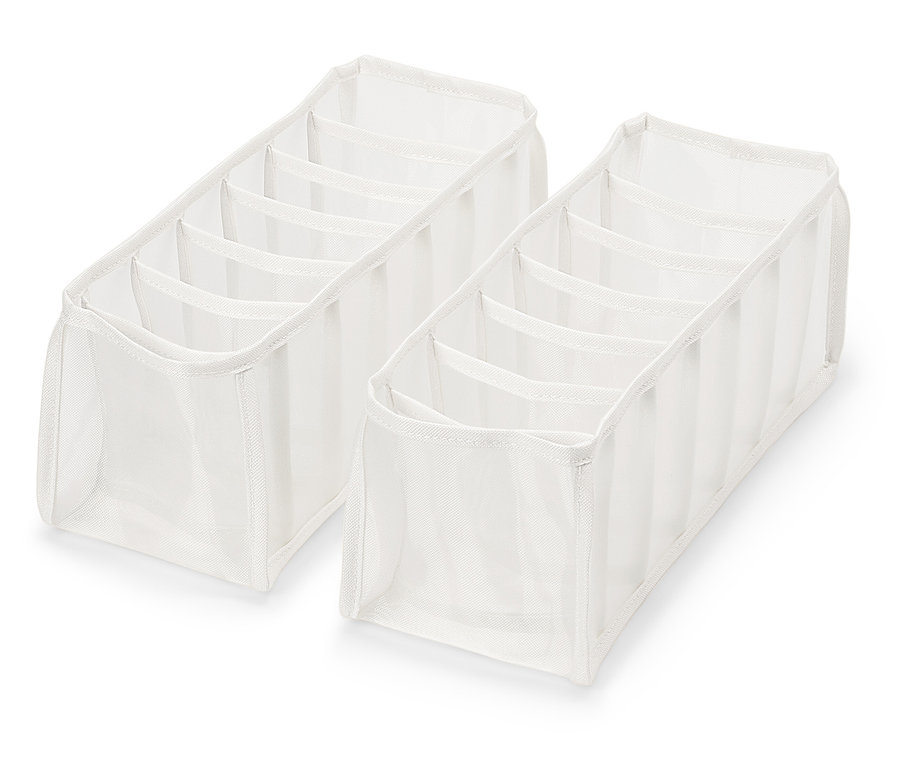 Dva bílé organizéry zásuvek s šesti přihrádkami na bílém pozadí.