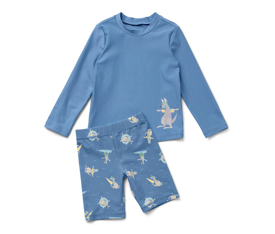 Modrá dětská souprava s UV faktorem 80 s potiskem klokana.