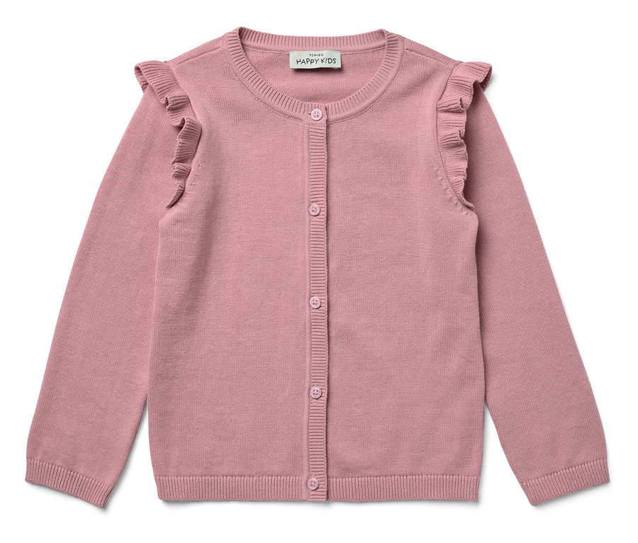 Růžový pletený kardigan s knoflíky a volánky na ramenou.