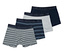 Čtyři pánské boxerky leží na sobě. Jedny jsou tmavě modré, jedny šedé a dvoje pruhované.