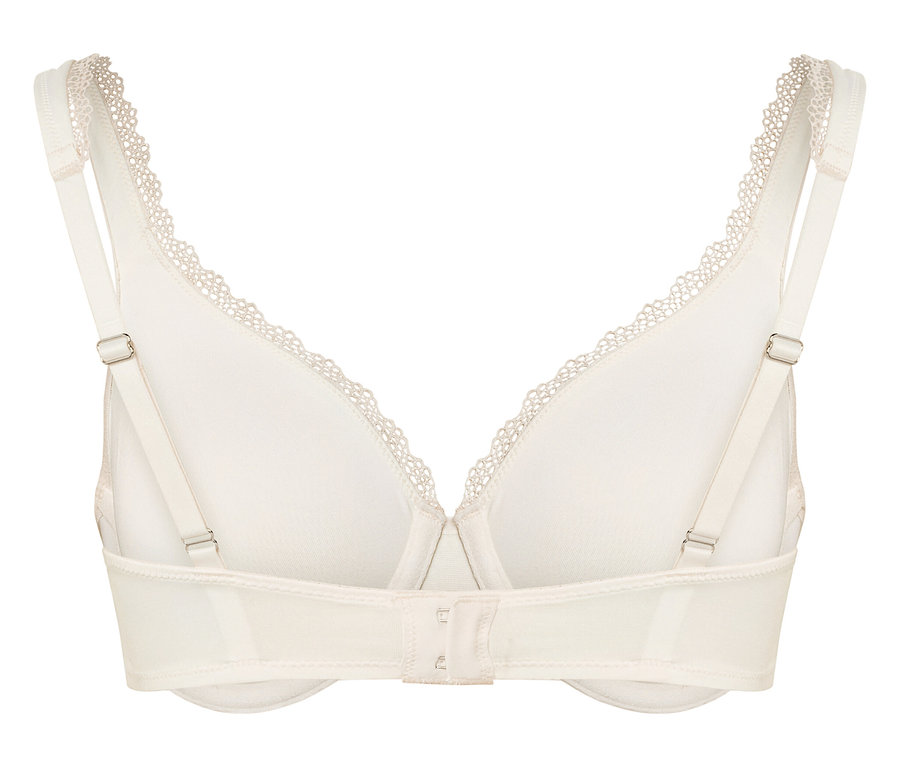 Pohled zezadu na bílou podprsenku s krajkou.