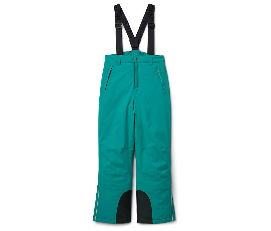 Zelené lyžařské kalhoty s černými šlemi a černými zesílenými oblastmi na vnitřní straně nohou.