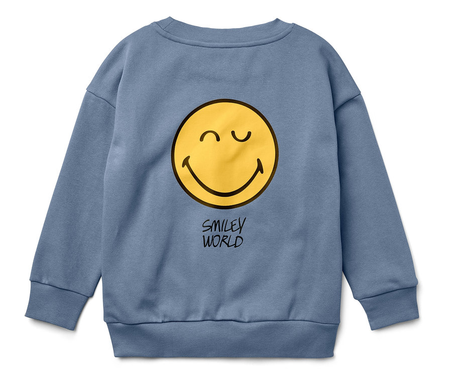 Modrá mikina s žlutým smajlíkem a nápisem SMILEY WORLD.