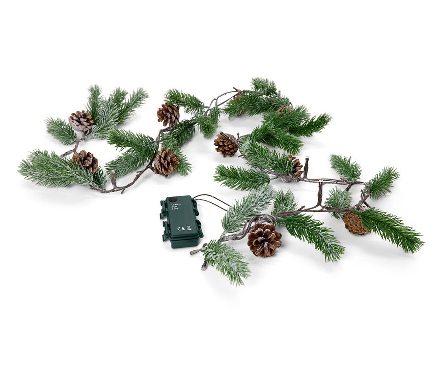 Zelená girlanda s šiškami a bateriovým boxem leží na bílém pozadí.