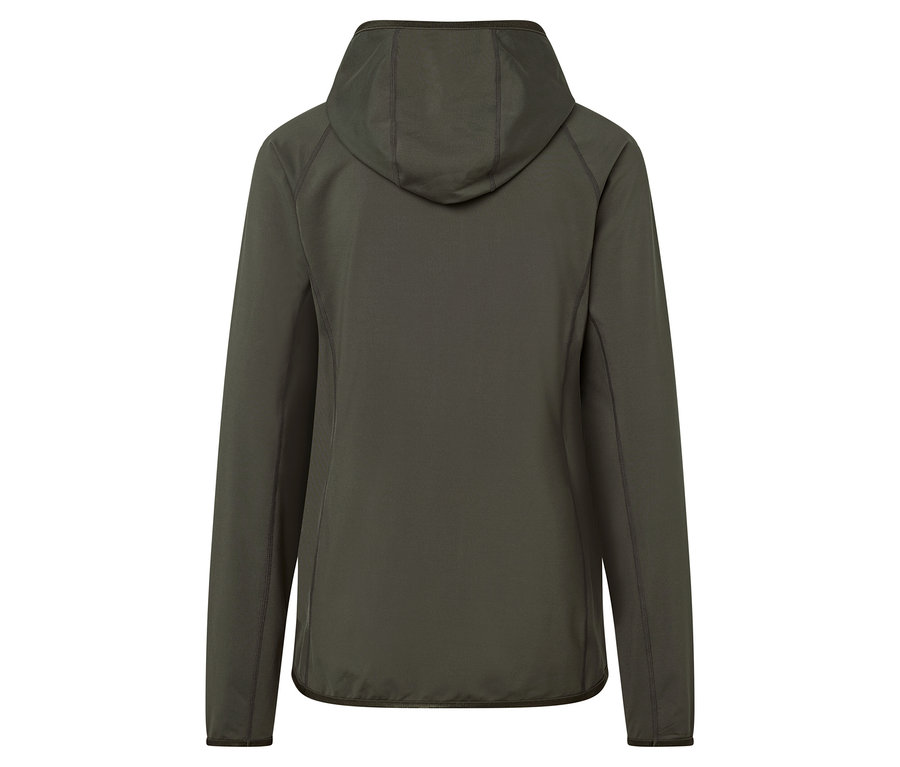 Zadní pohled na olivově zelenou mikinu s kapucí.