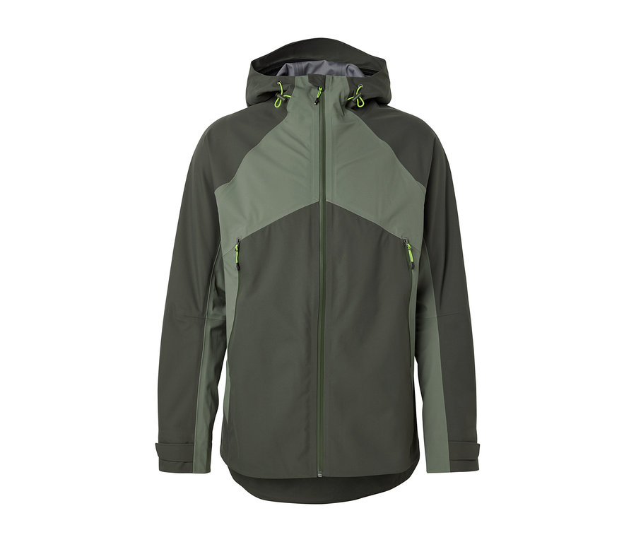 Zelená třívrstvá outdoorová bunda se zipem a kapucí.
