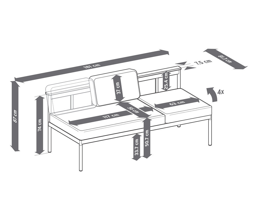 Rozměry zahradní lavice 2 v 1 – lehátko »Elin« s podrobnostmi o výšce, šířce a hloubce.