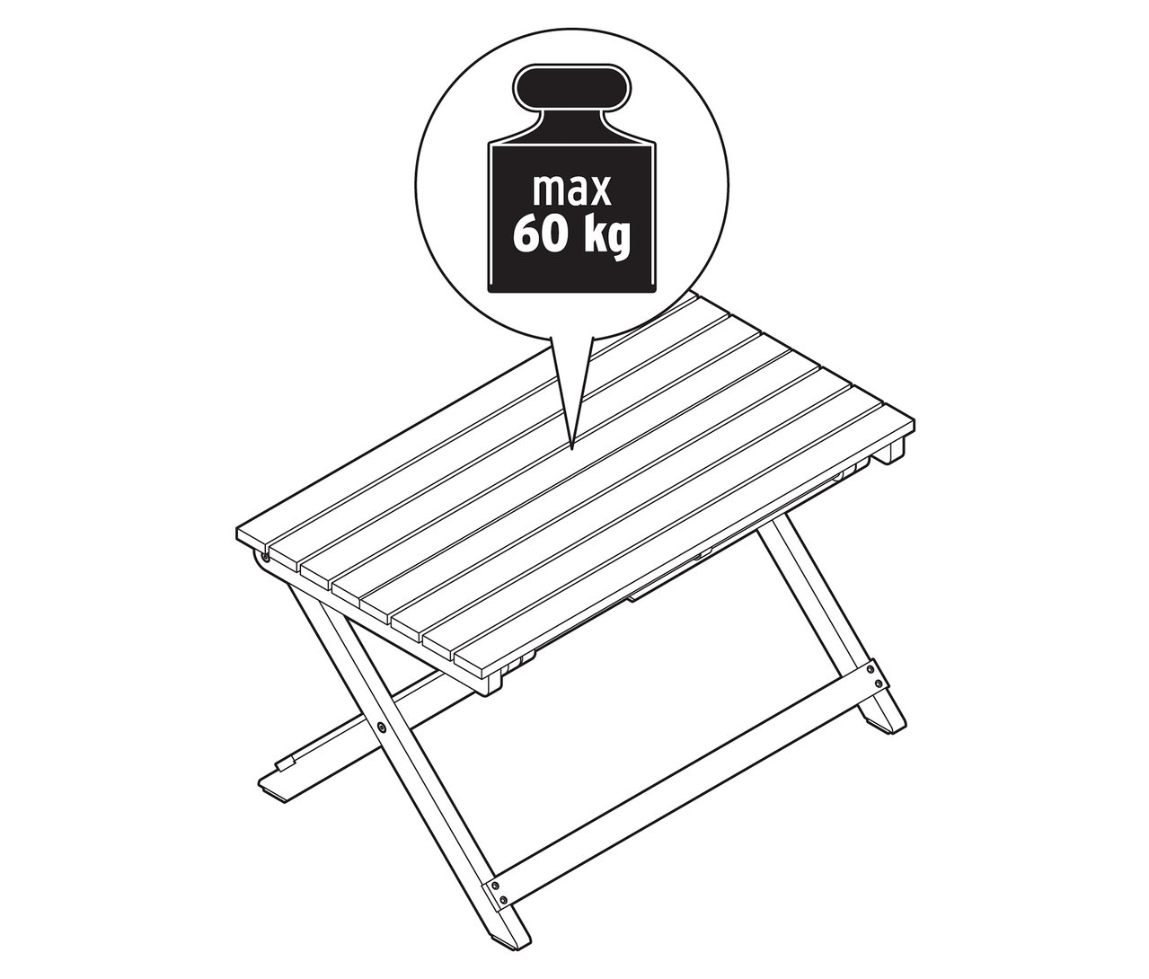 Ilustrace skládacího stolu s označením maximální hmotnosti 60 kg.