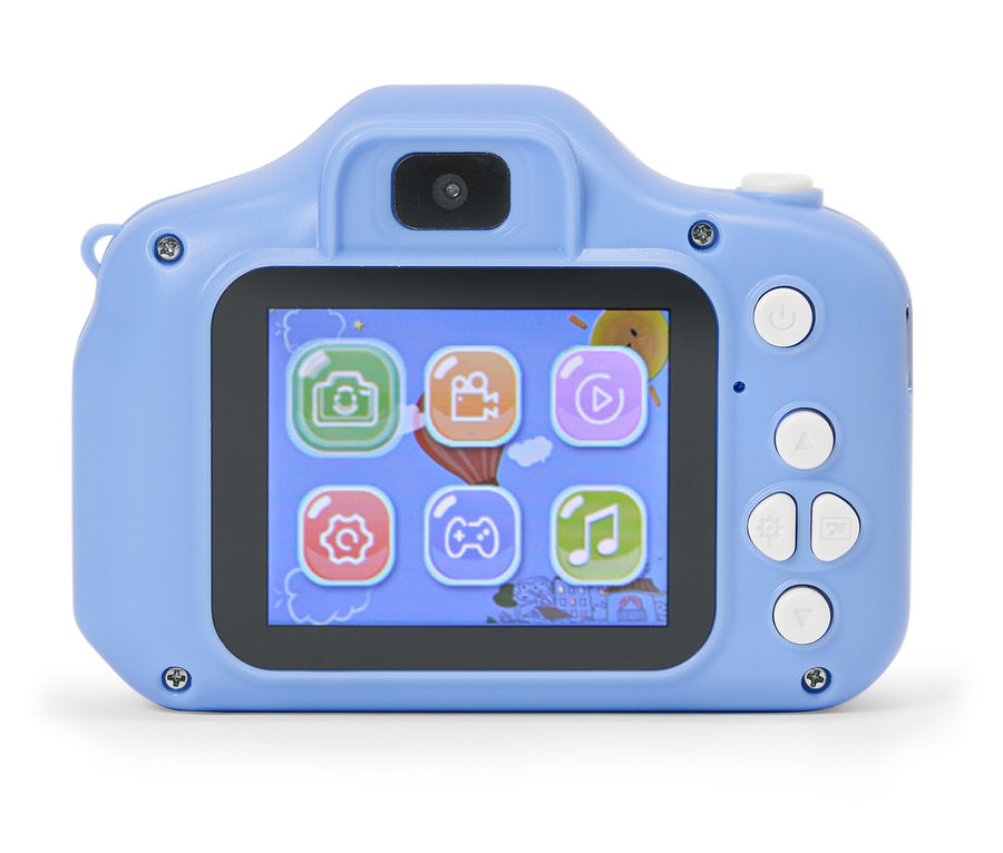 Detailní záběr světle modrého hračkářského fotoaparátu s obrazovkou zobrazující různé ikony aplikací.
