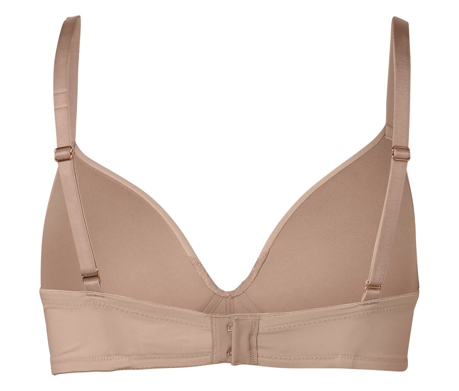 Pohled zezadu na tělovou podprsenku s nastavitelnými ramínky a háčkovým zapínáním.